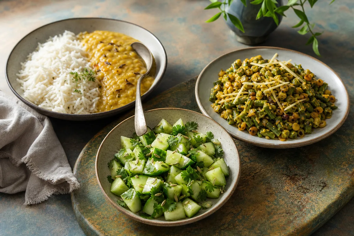 Warm moist rice bowl cooling herb and coriander plate and light pungent vegetable dish showing three Ayurvedic meal tendencies - dosha cooking | KnowTheSpices