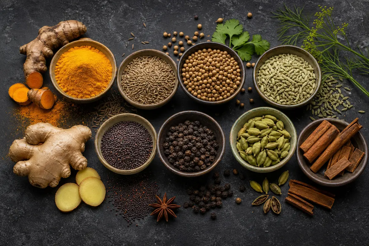 Turmeric cumin coriander fennel ginger cardamom cinnamon mustard and black pepper grouped by cooking role - Ayurvedic spice pantry | KnowTheSpices