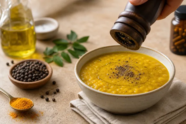 Black pepper being ground over turmeric dal with peppercorns, turmeric, oil, and an unlabeled supplement bottle nearby
