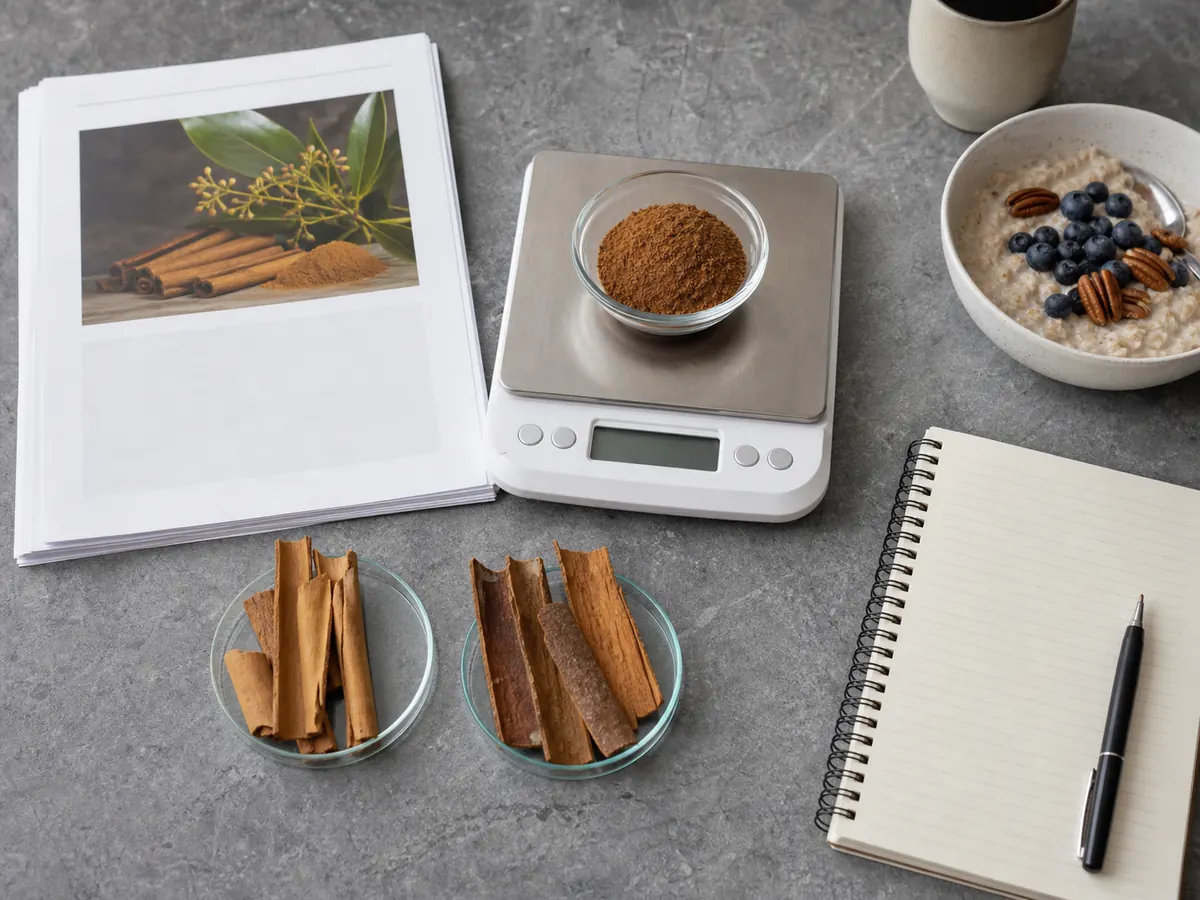 Cinnamon samples, a scale, blank research pages, and breakfast arranged for an evidence check - cinnamon blood sugar evidence | KnowTheSpices