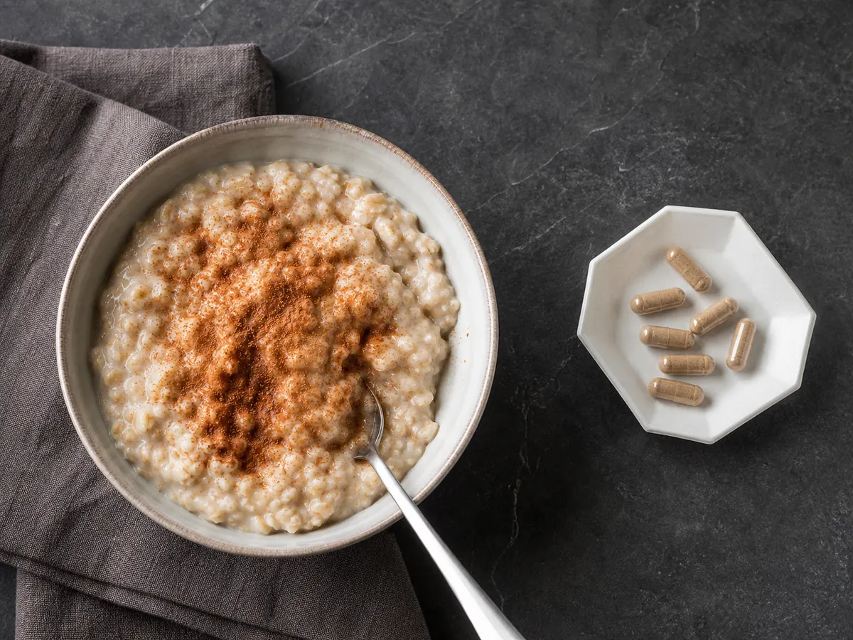 Cinnamon oatmeal beside separate unbranded capsules showing food and study dose boundaries - cinnamon and blood sugar | KnowTheSpices