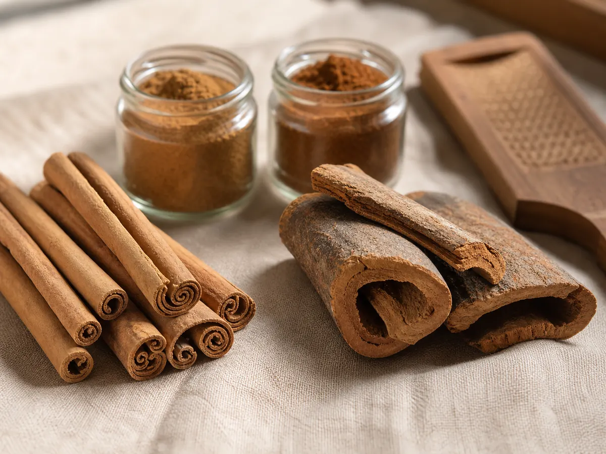 Thin layered Ceylon cinnamon quills beside thick cassia bark - cinnamon species safety | KnowTheSpices