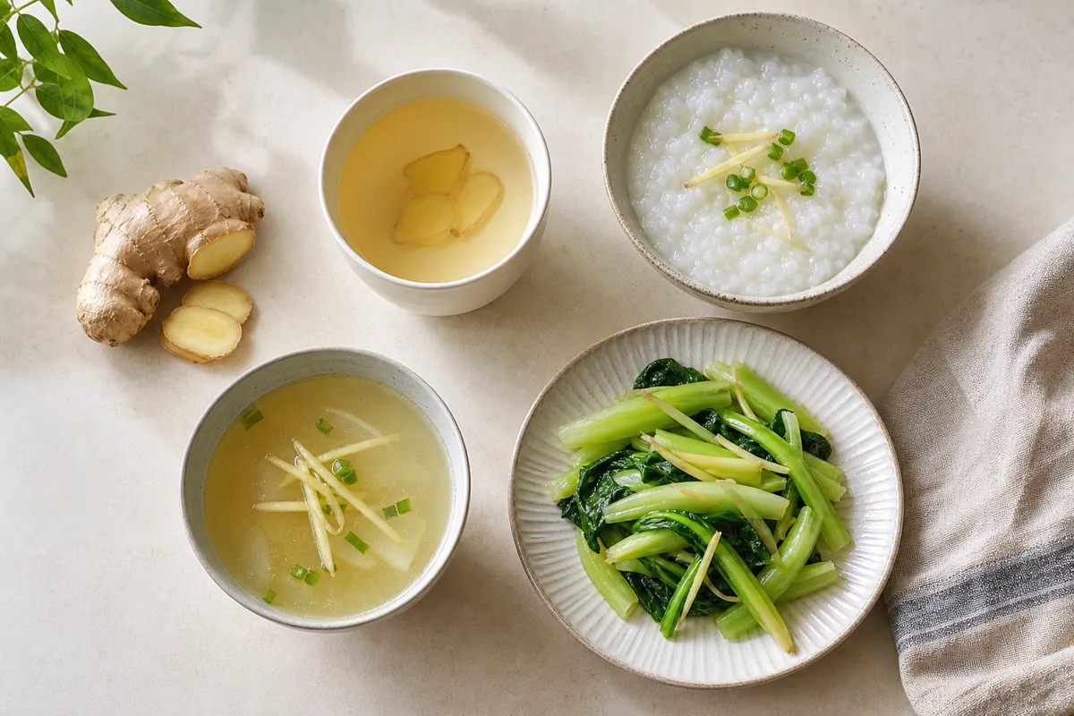 Thin fresh ginger slices used separately in tea clear broth rice and vegetable stir fry - gentle ginger food uses | KnowTheSpices