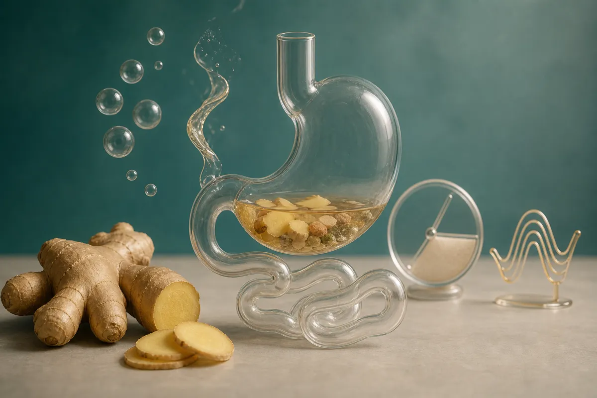 Meal moving from stomach model beside separate cards for gas reflux constipation and nausea - ginger and stomach emptying | KnowTheSpices