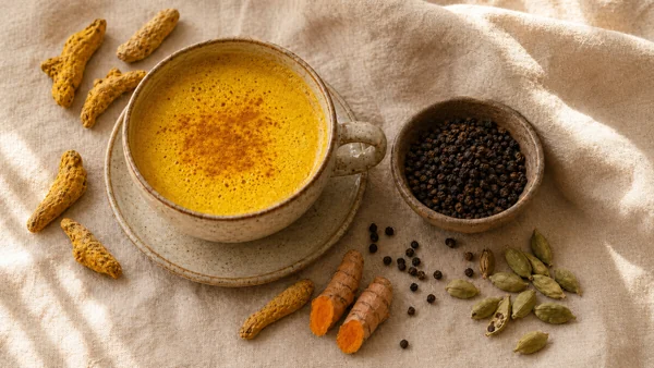 Golden turmeric latte with turmeric root, black pepper, and cardamom pods