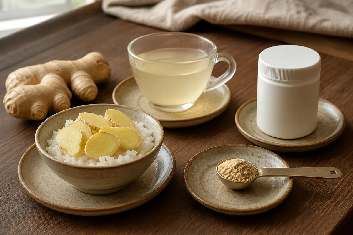 Fresh ginger in food mild ginger infusion dried powder and capsule shown separately - ginger pregnancy forms | KnowTheSpices