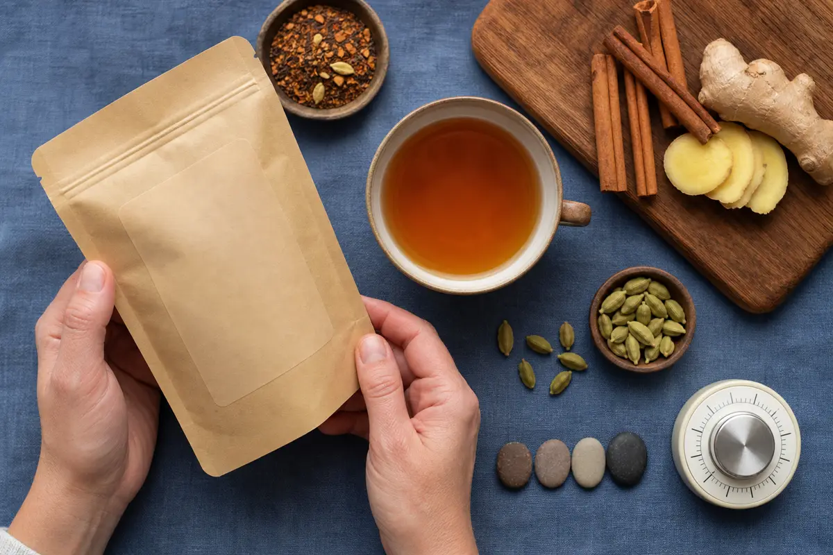 Tea cup beside ingredient list caffeine symbol spice pieces and daily serving count - herbal tea pregnancy label check | KnowTheSpices
