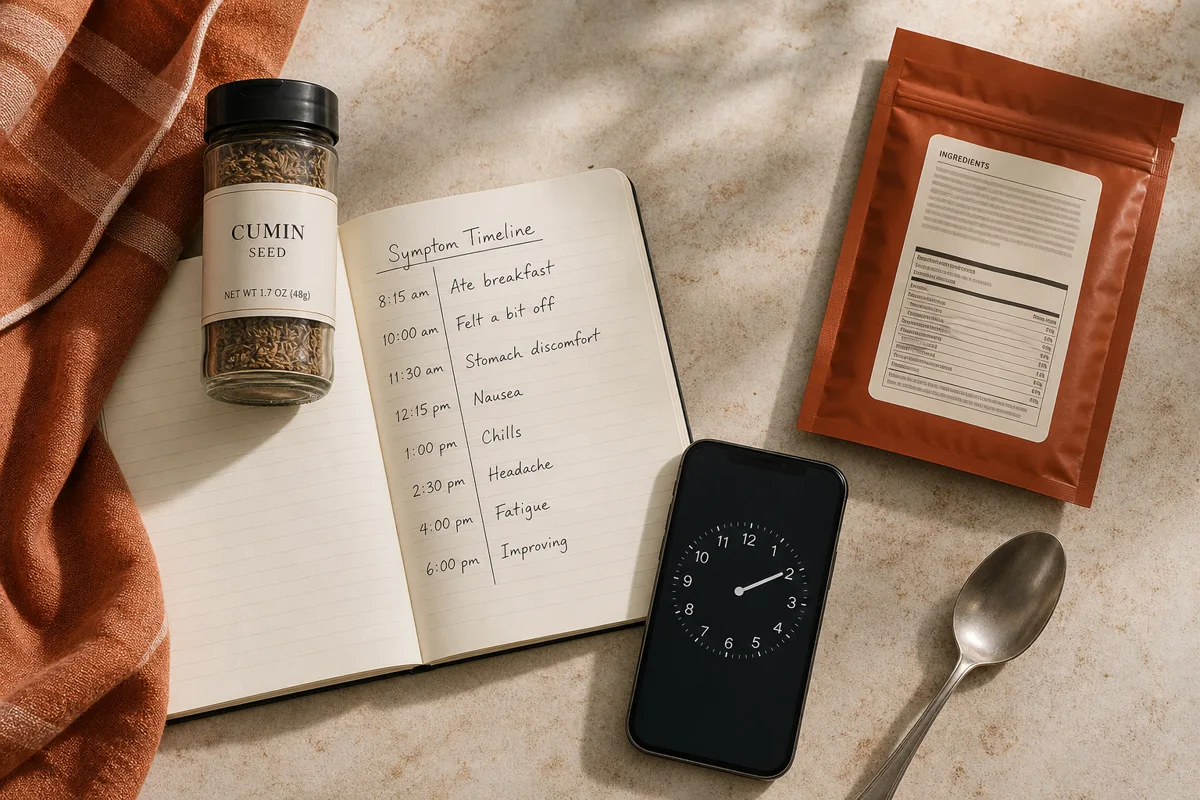 Labeled spice jars ingredient package and symptom notebook on a kitchen table - spice allergy | KnowTheSpices