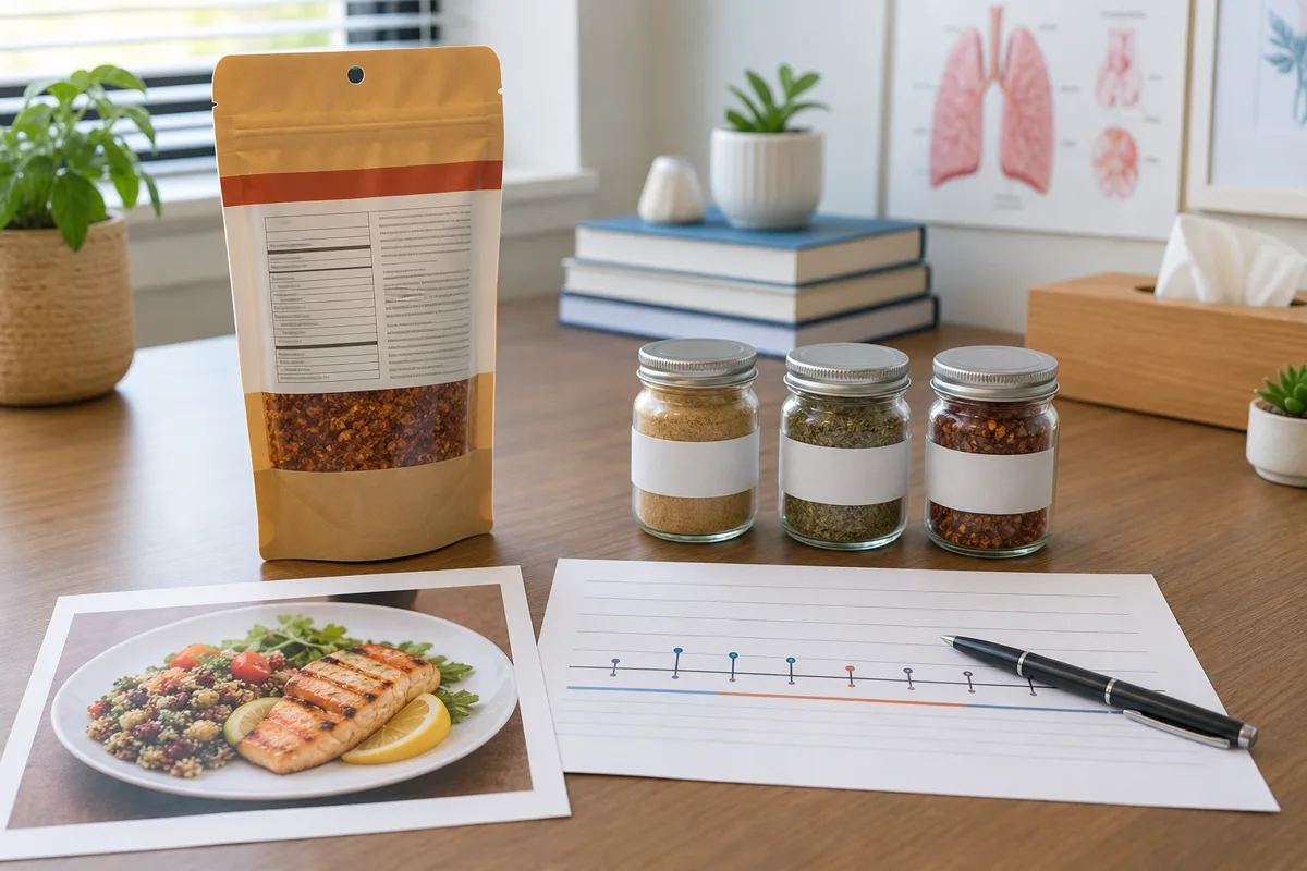 Allergy appointment notes package label ingredient list and spice samples arranged for clinical review - spice allergy diagnosis | KnowTheSpices
