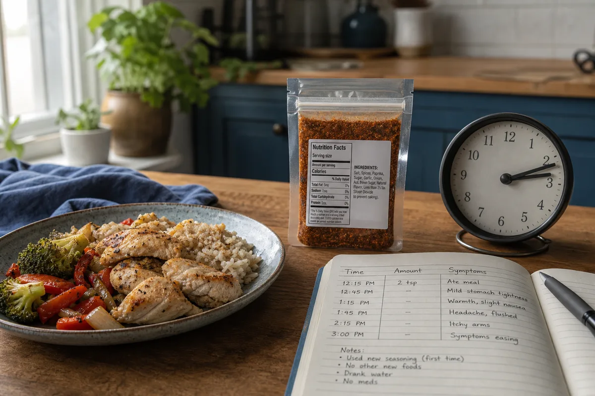 Spice package meal notes clock and symptom record arranged as an exposure timeline - identifying a spice allergy | KnowTheSpices