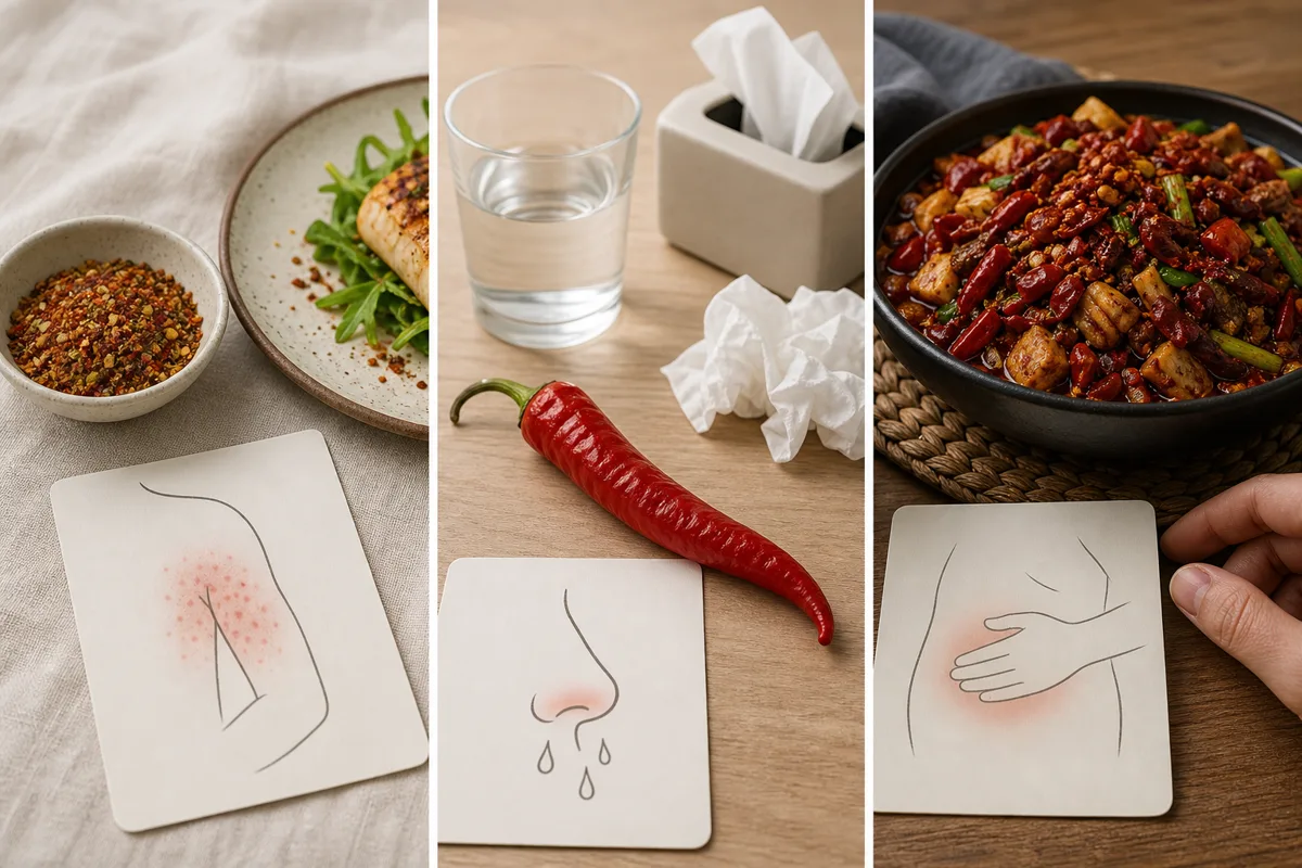 Three plates showing hives after a spice blend mouth burning from chile and stomach discomfort after a large serving - allergy versus irritation | KnowTheSpices