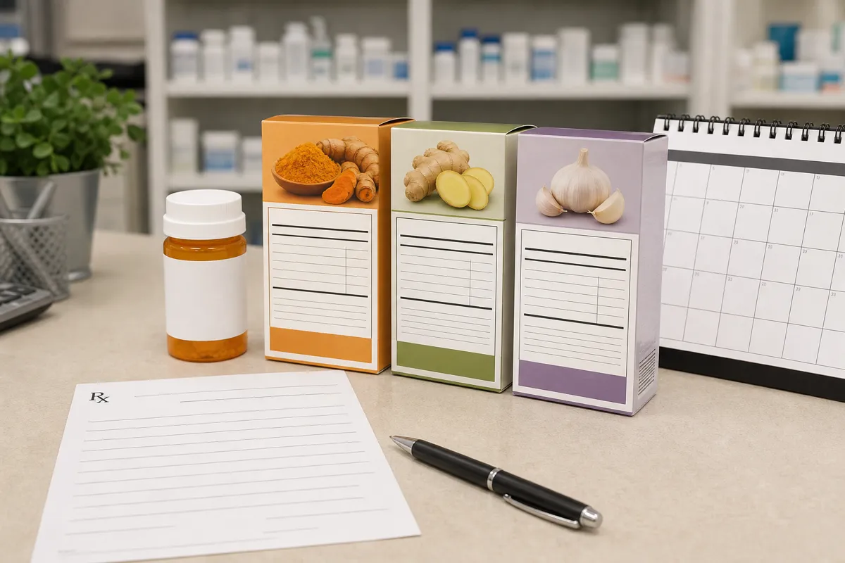 Warfarin medicine list beside turmeric ginger and garlic supplement labels prepared for pharmacist review - spices and blood thinners | KnowTheSpices