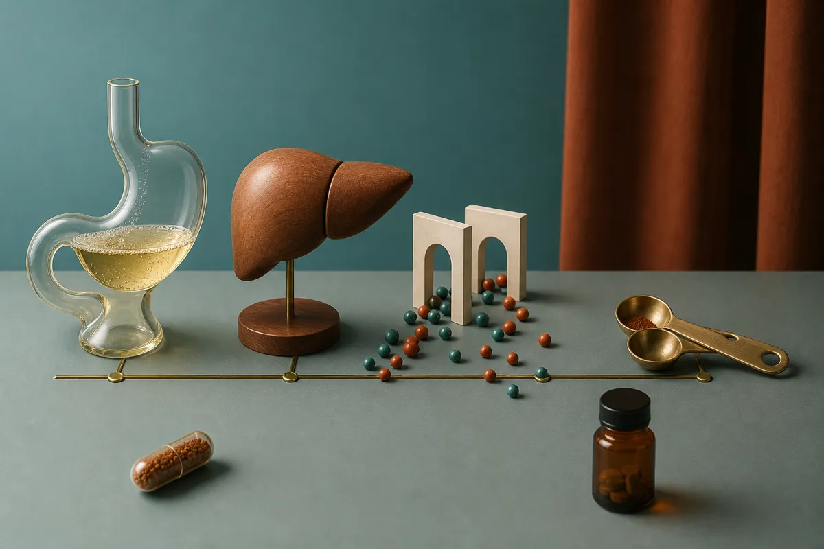 Diagram-like still life showing gut absorption liver processing transport and additive effects using medicine and spice product objects - how herb drug interactions happen | KnowTheSpices