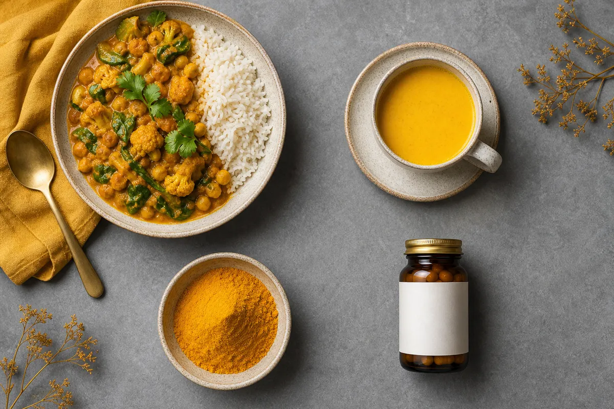 Turmeric in a dinner dish strong tea loose powder and standardized capsule shown as separate product forms - spice supplement interactions | KnowTheSpices
