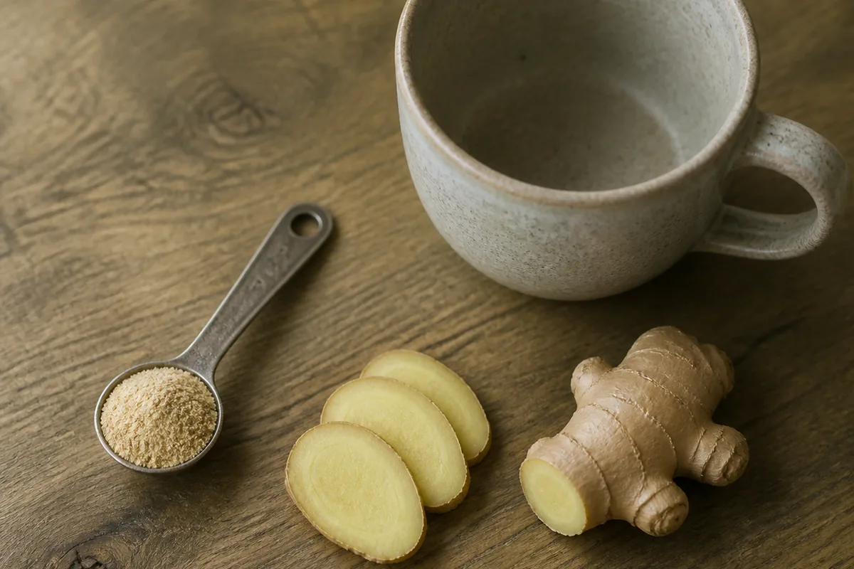 A quarter teaspoon of ground ginger beside fresh ginger slices and a mug for scale - ginger tea dose | KnowTheSpices