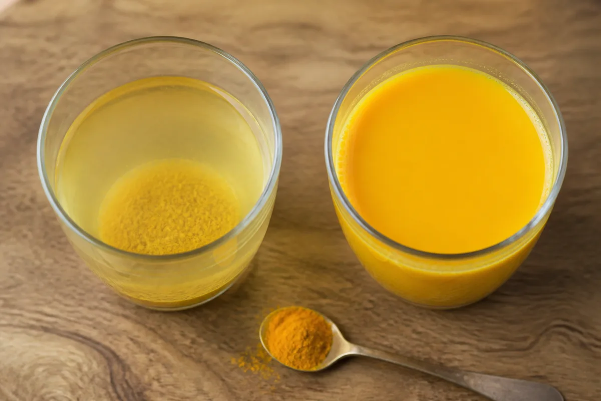 Pale turmeric water with settled sediment beside a deep golden turmeric milk - turmeric tea extraction | KnowTheSpices
