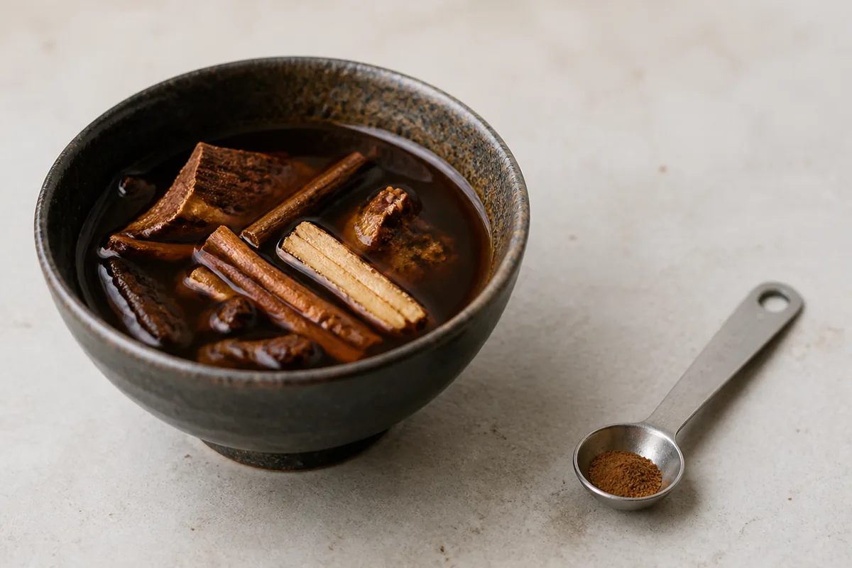 A dark bowl of concentrated herbal decoction with bark and root pieces beside a quarter teaspoon of ground spice - medicinal versus culinary amounts | KnowTheSpices