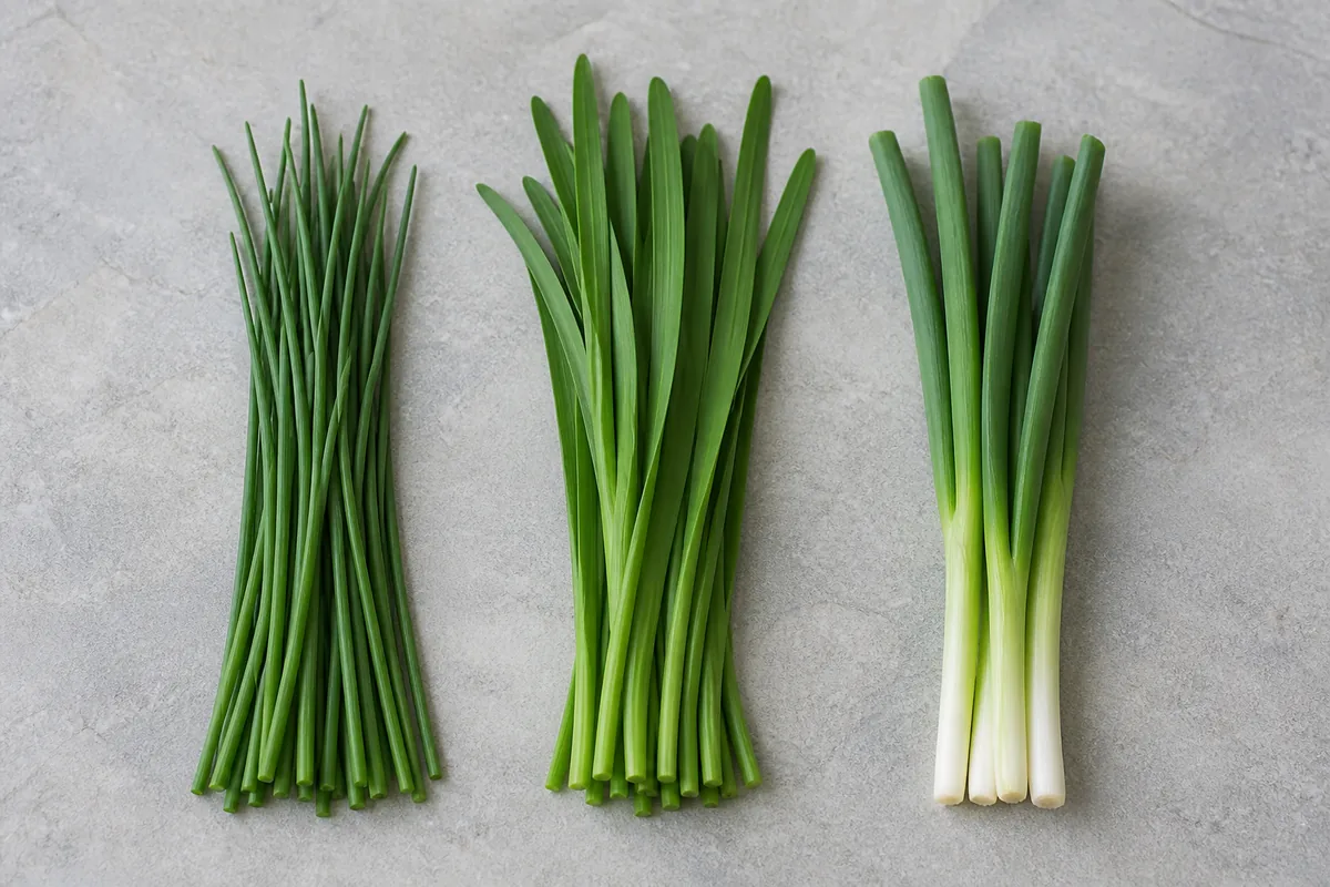 Thin hollow chive stems beside flat garlic chive leaves and thicker spring onion tops laid side by side - chives compared with garlic chives and scallions | KnowTheSpices