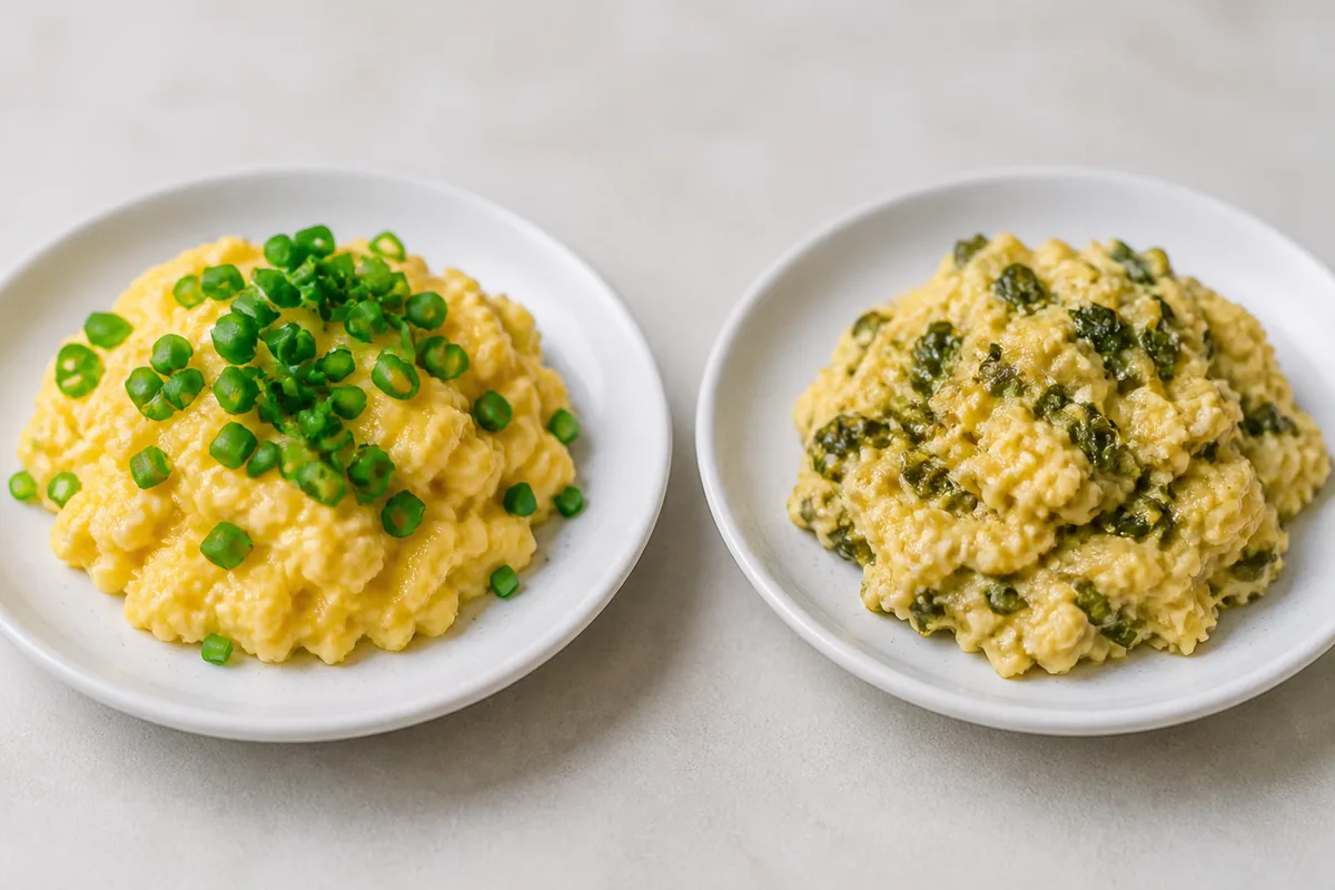 Scrambled egg scattered with bright fresh chives beside the same dish where the chives have been cooked in and gone limp and drab - chives raw versus cooked | KnowTheSpices