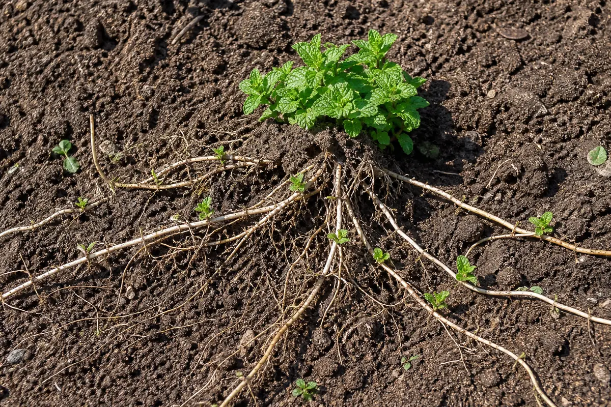 A mint plant lifted from soil showing long pale underground runners spreading sideways well beyond the plant - why mint is grown in a container | KnowTheSpices