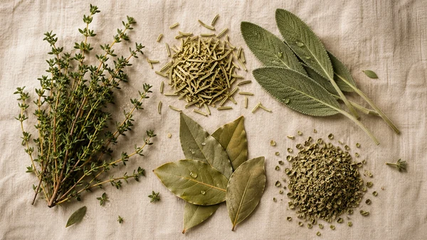 Fresh and dried herbs arranged on warm linen in soft natural light