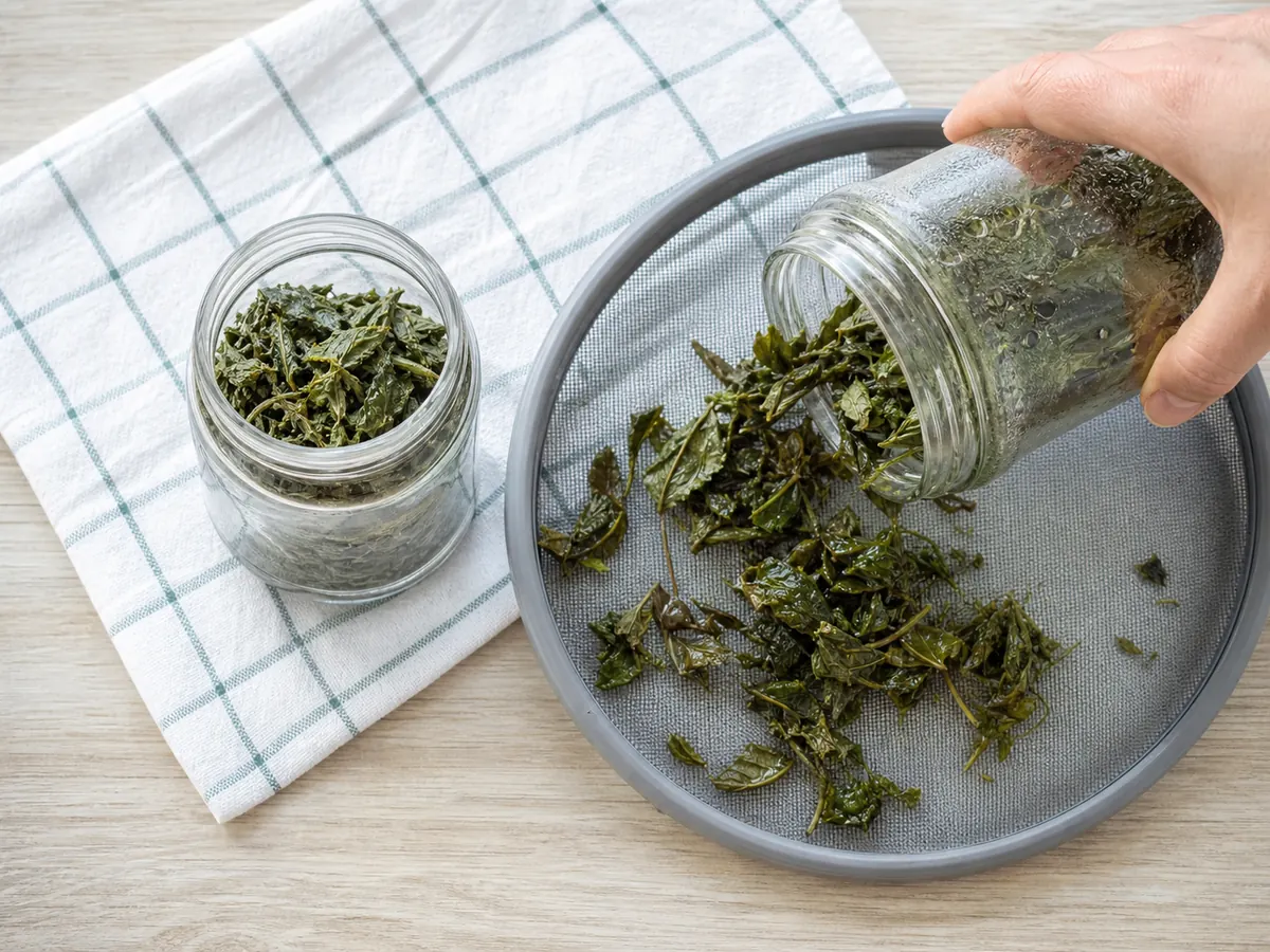 Dry herb jar beside a damp jar being emptied onto a mesh tray - conditioning home-dried herbs | KnowTheSpices