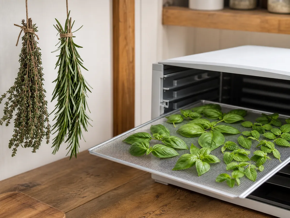 Rosemary and thyme air drying beside basil and mint on a dehydrator tray - drying herbs at home | KnowTheSpices