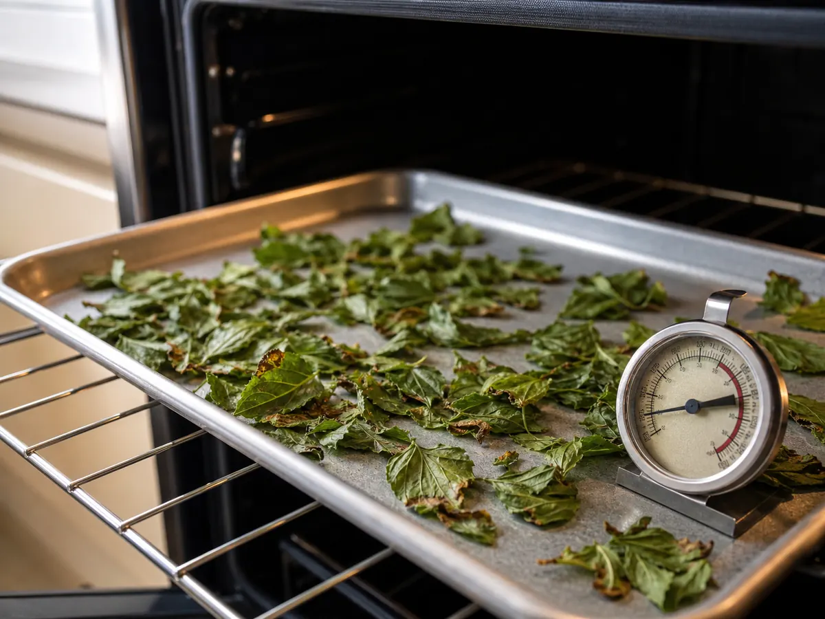 Herb leaves with browned edges beside an oven thermometer on a drying tray - oven drying herbs | KnowTheSpices
