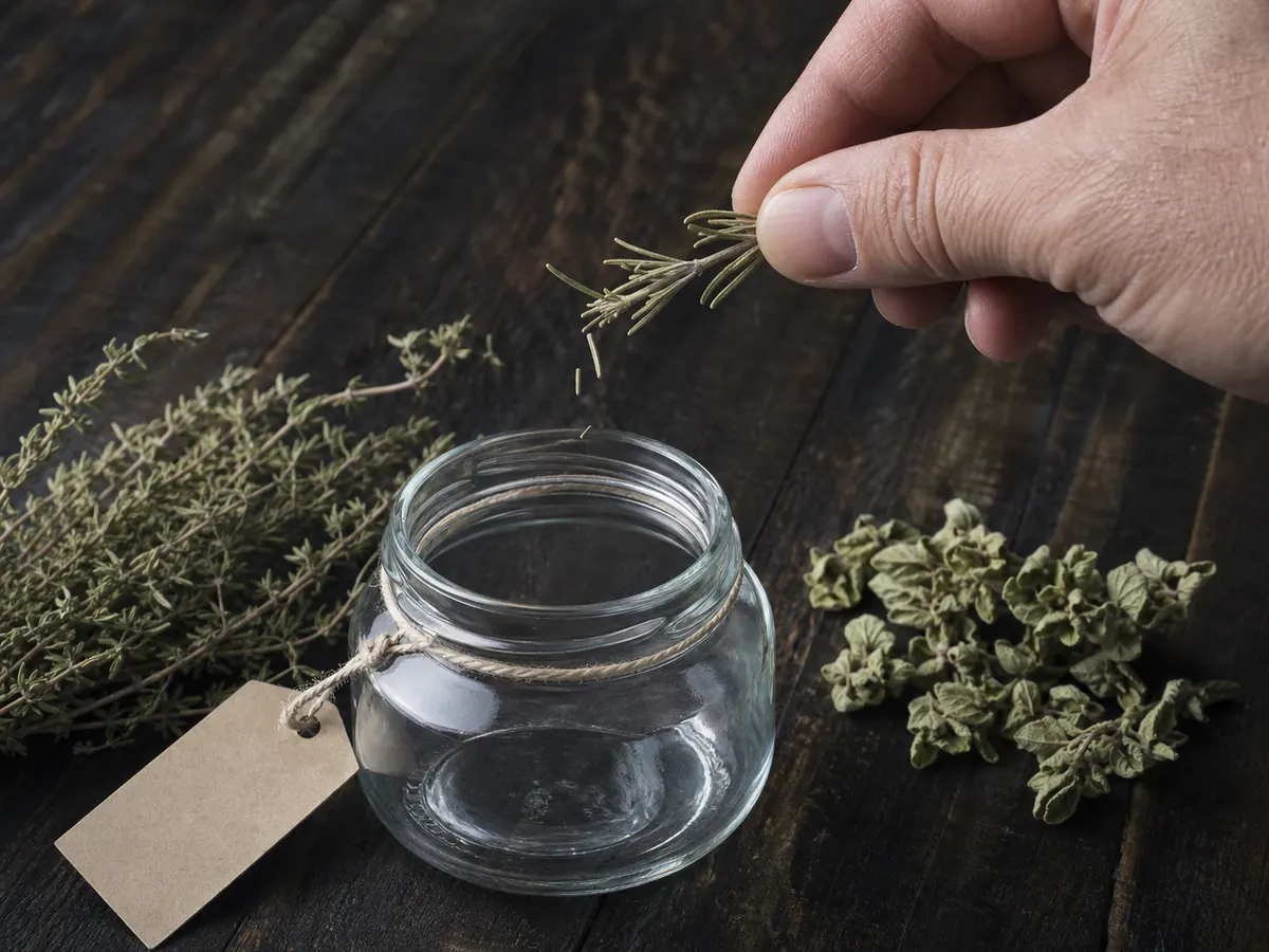 Hand snapping a brittle dried rosemary stem above a clean jar with dried thyme and oregano - herb dryness test | KnowTheSpices