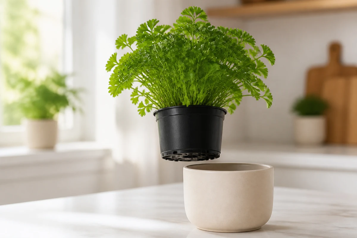 A black plastic nursery pot of parsley with drainage holes in its base lifted above a plain cream ceramic outer pot that has none - drainage for indoor herbs | KnowTheSpices