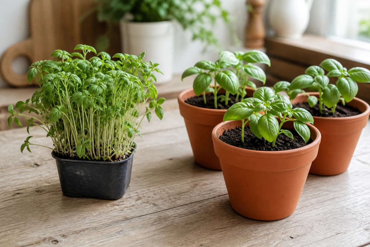 A dense supermarket basil pot beside three separate pots each holding a few well spaced seedlings - splitting a supermarket herb pot | KnowTheSpices
