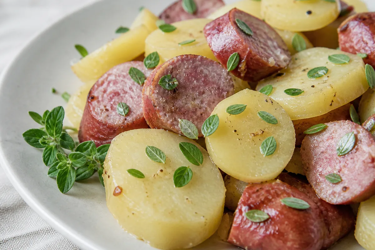 Sliced boiled potatoes and browned pork sausage scattered with fresh green marjoram leaves - marjoram in Central European cooking | KnowTheSpices