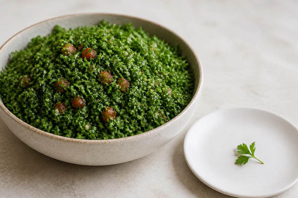 A large bowl of tabbouleh that is mostly chopped parsley beside a small plate holding a single garnish sprig - parsley as a bulk ingredient | KnowTheSpices