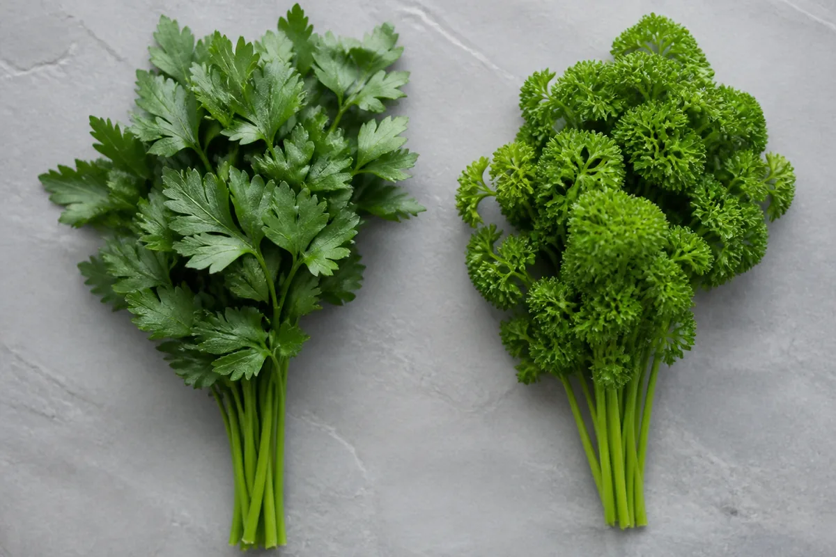 Broad flat pointed flat-leaf parsley beside tightly ruffled curly parsley on slate - flat-leaf versus curly parsley | KnowTheSpices
