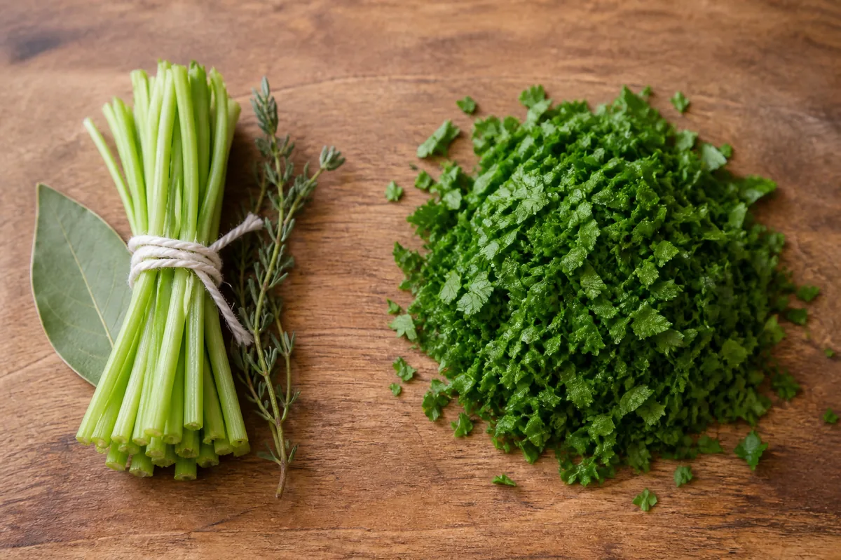 A tied bundle of parsley stems with bay and thyme beside a mound of finely chopped parsley leaves - parsley stems for stock and leaves for finishing | KnowTheSpices