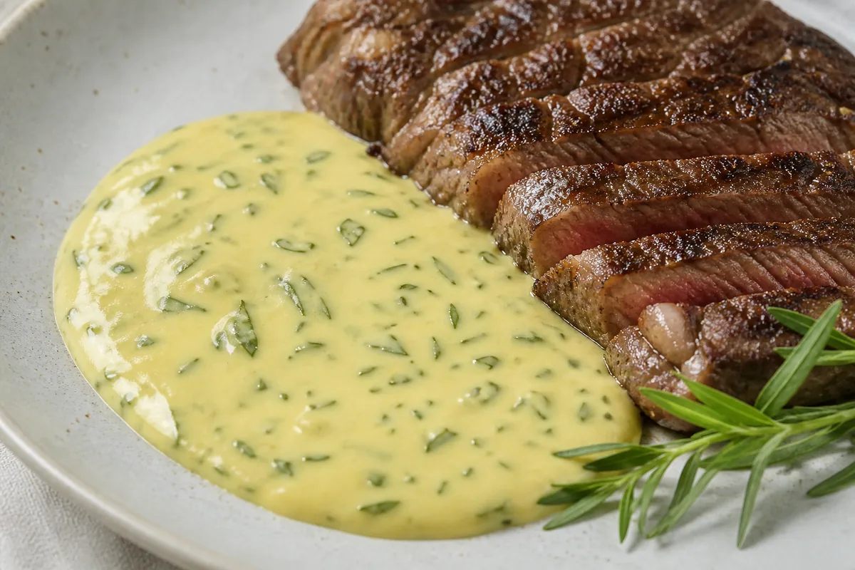 Pale yellow bearnaise sauce flecked with chopped green tarragon beside sliced grilled steak - tarragon in bearnaise | KnowTheSpices