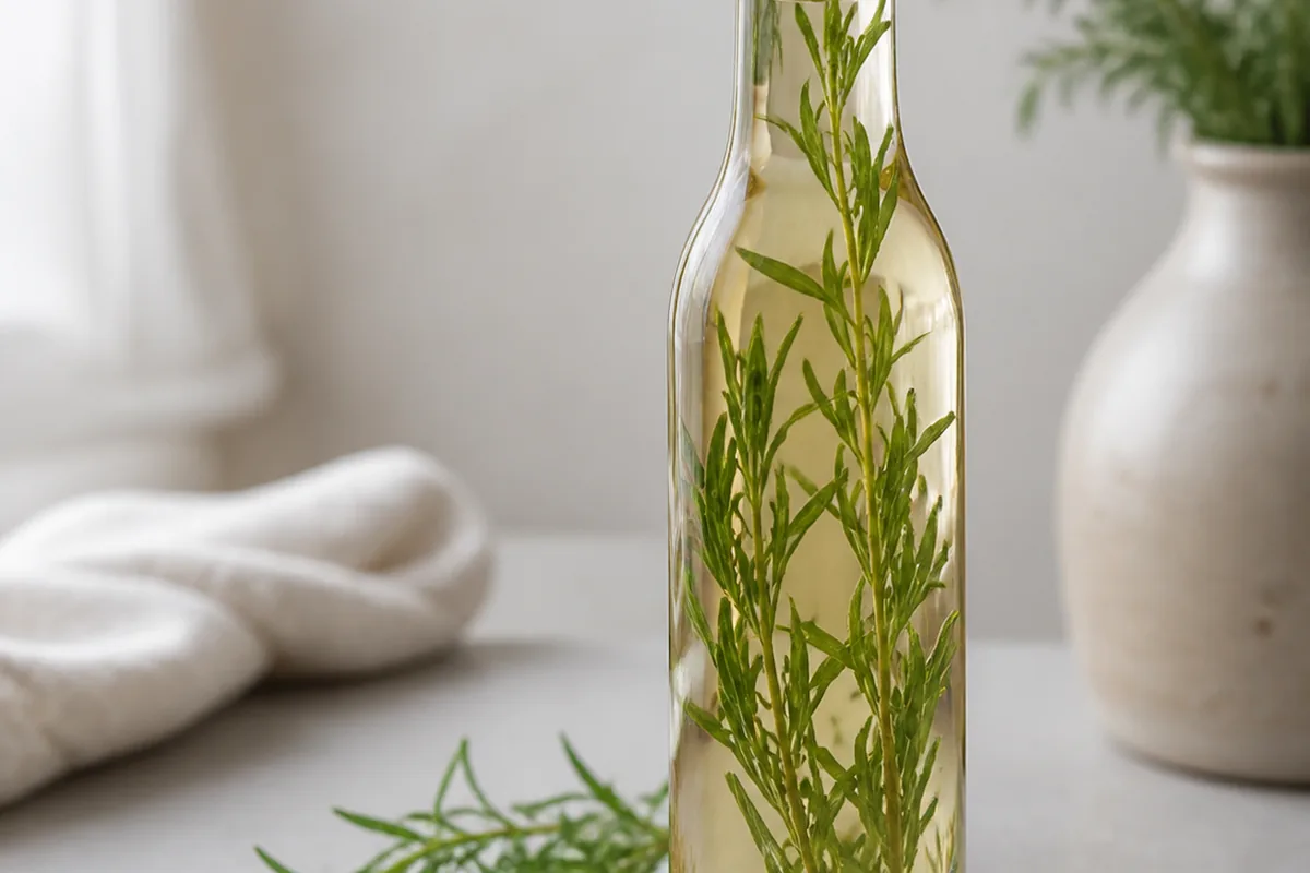 A tall bottle of white wine vinegar with tarragon sprigs suspended inside beside loose sprigs and white peppercorns - tarragon vinegar | KnowTheSpices