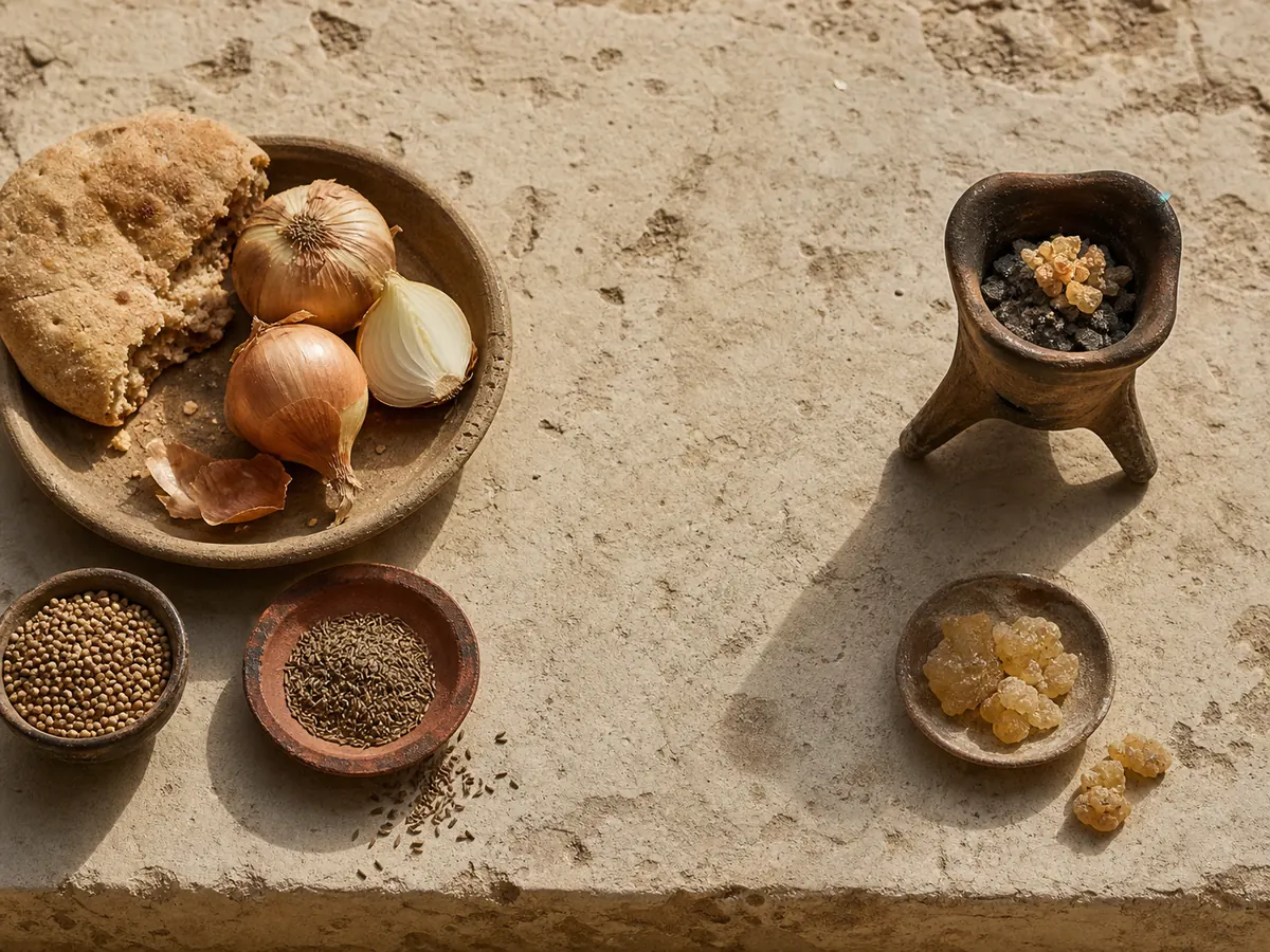 Cumin, coriander, bread, and onions separated from resin and an incense burner - ancient Egyptian food and ritual | KnowTheSpices