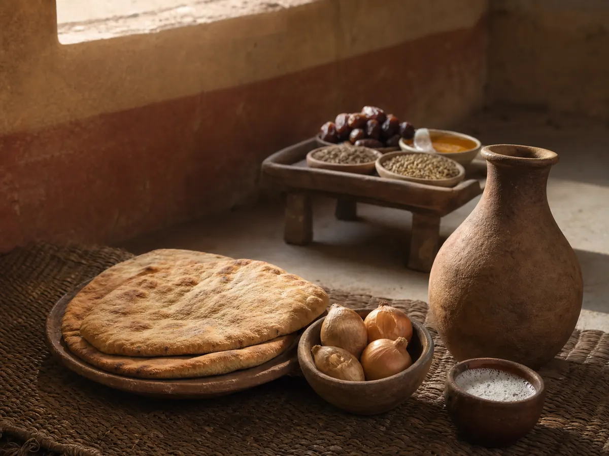 Bread, onions, and beer jar before a raised tray of dates, honey, cumin, and coriander - ancient Egyptian food contexts | KnowTheSpices