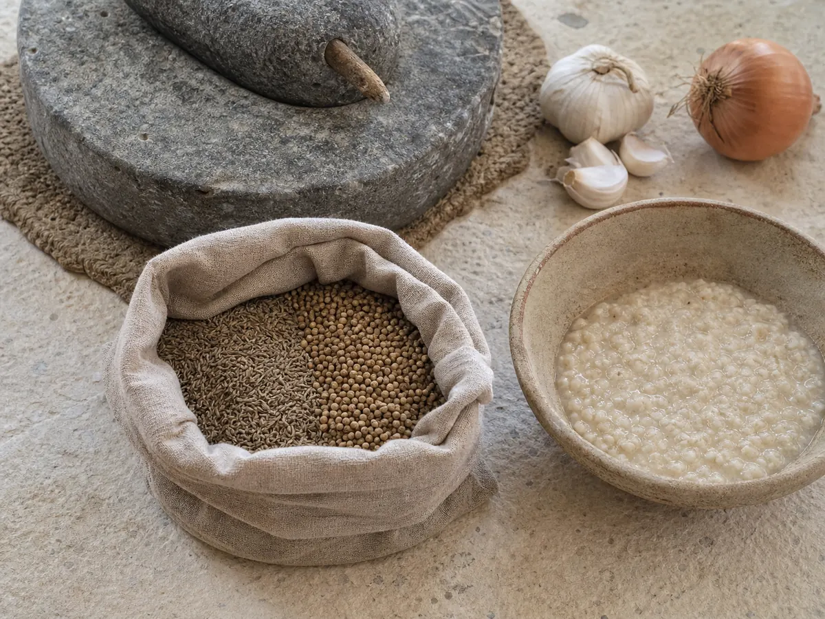 Linen bag of cumin and coriander beside a stone mill, onion, garlic, and grain porridge - spices in ancient Egypt | KnowTheSpices
