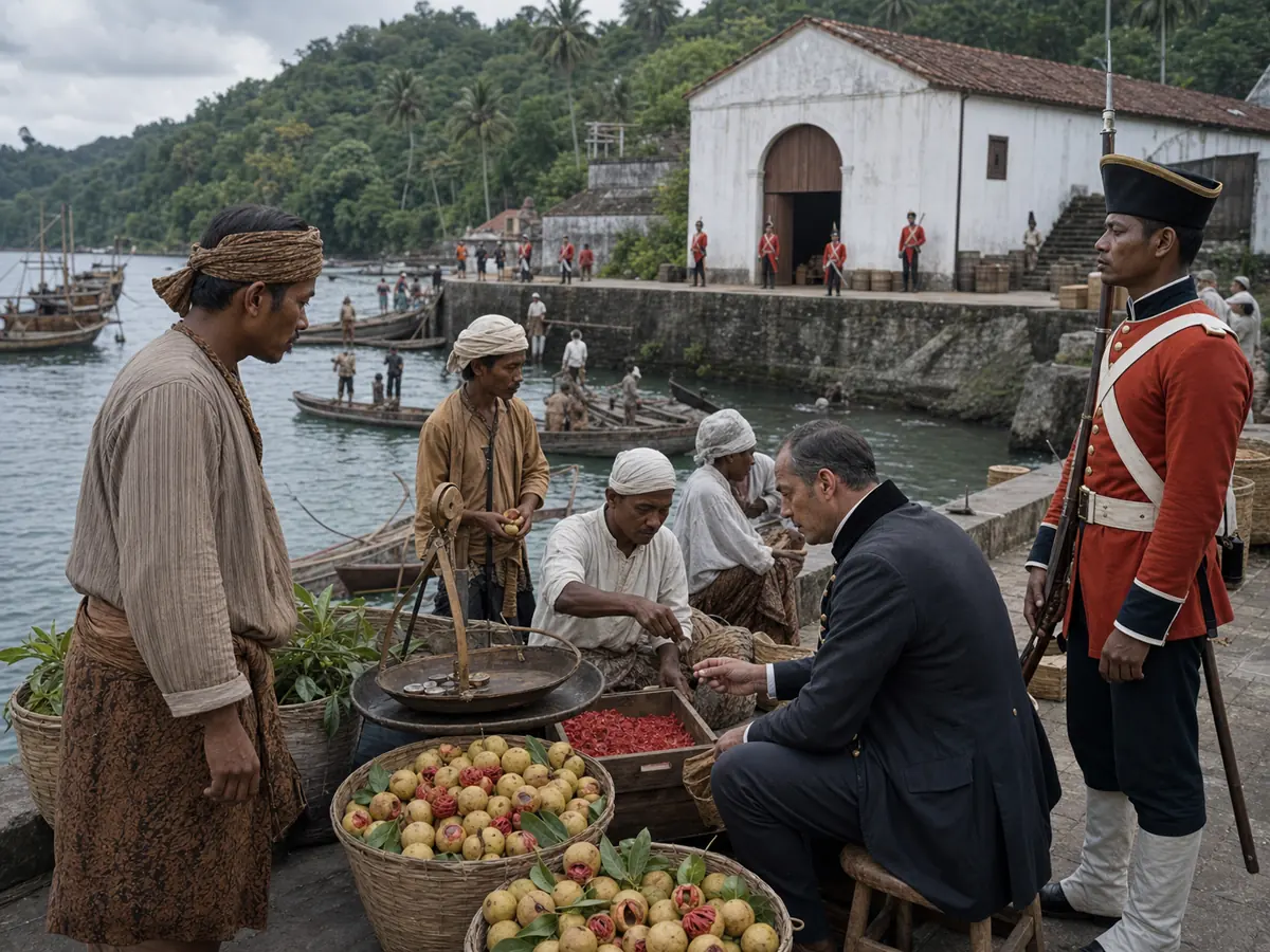 Bandanese nutmeg and mace being weighed beside a guarded company warehouse at the harbor