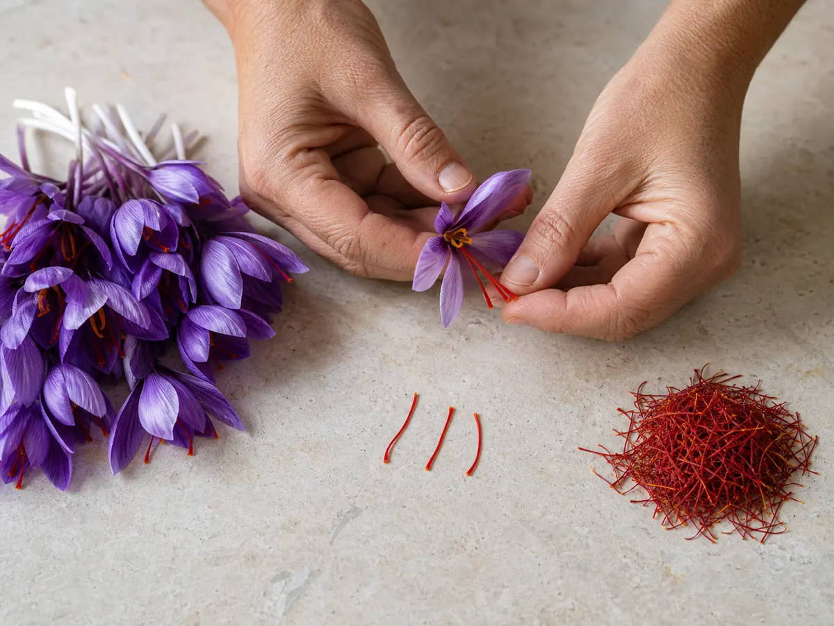 Hands separating three red saffron stigmas from purple crocus flowers beside dried threads