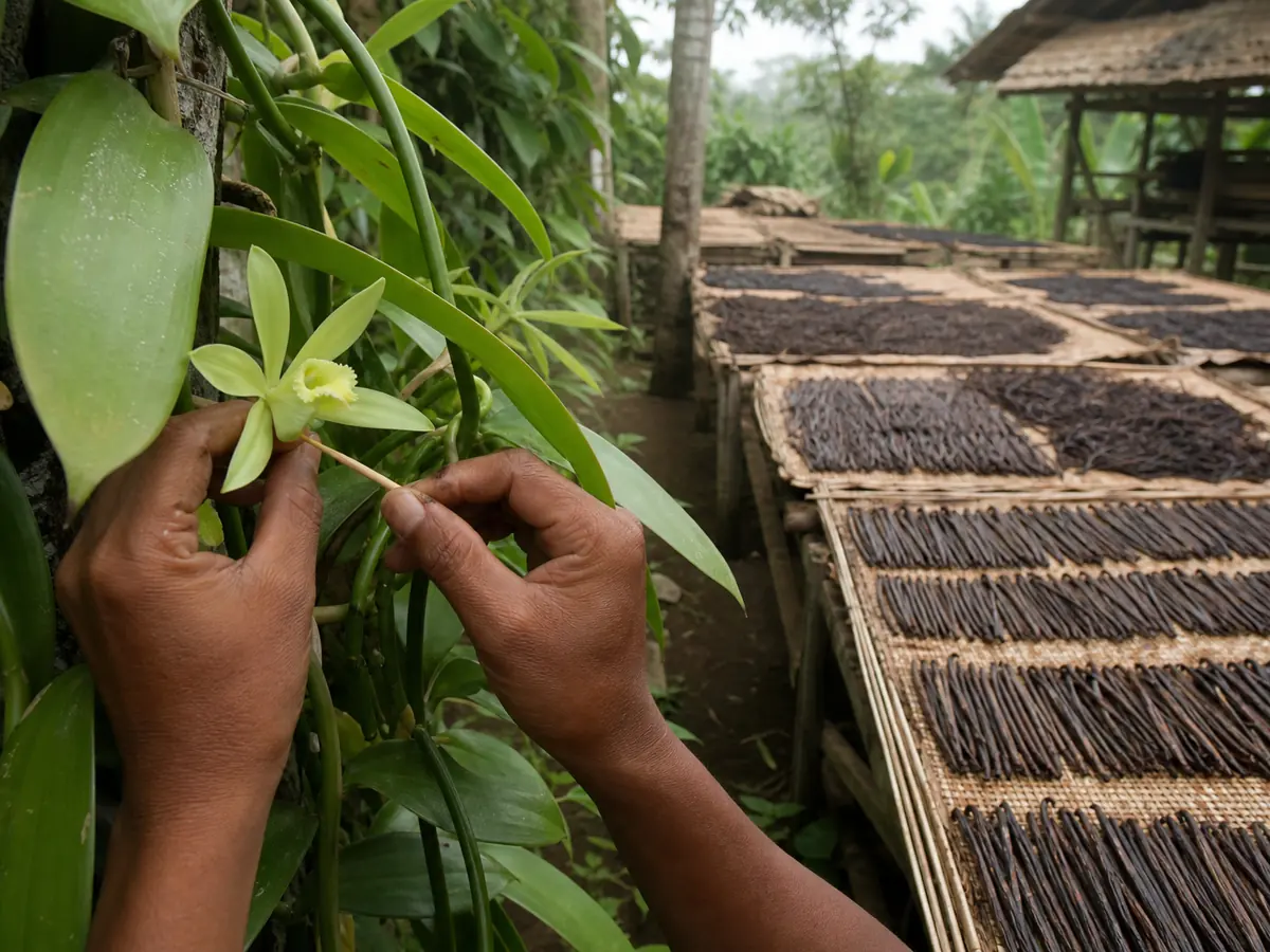 Vanilla flower being hand pollinated beside racks of vanilla beans at different curing stages