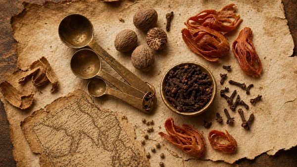 Antique map fragment, brass spoons, nutmeg, mace, and cloves on aged parchment