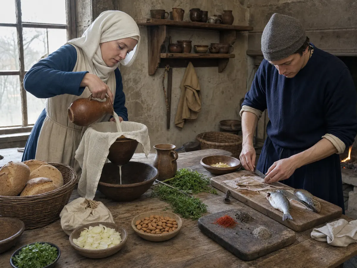 Medieval cooks preparing fish and straining almond milk with bread, onions, saffron, and pepper