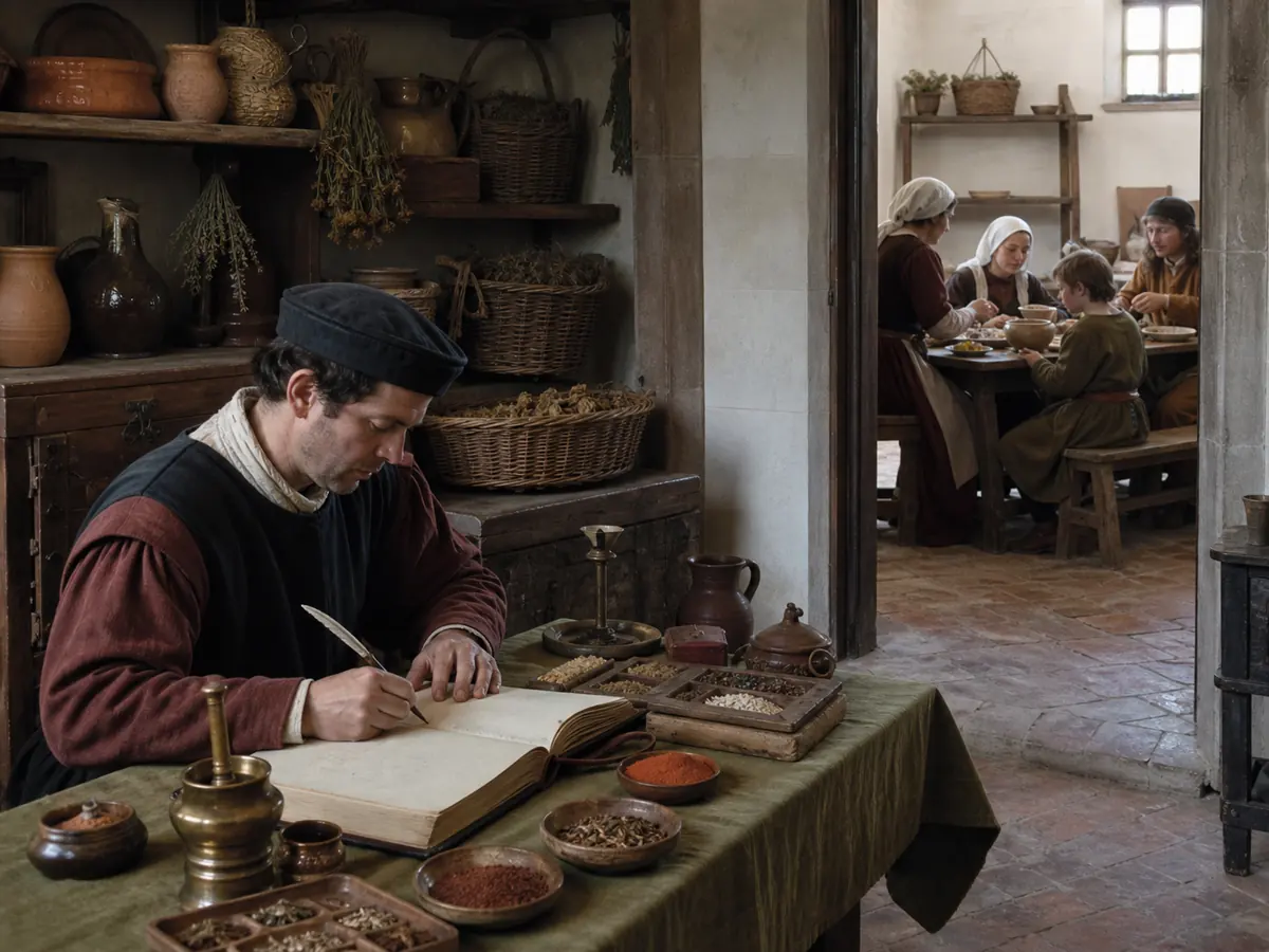Medieval scribe recording a spice order while a family eats bread and pottage in another room