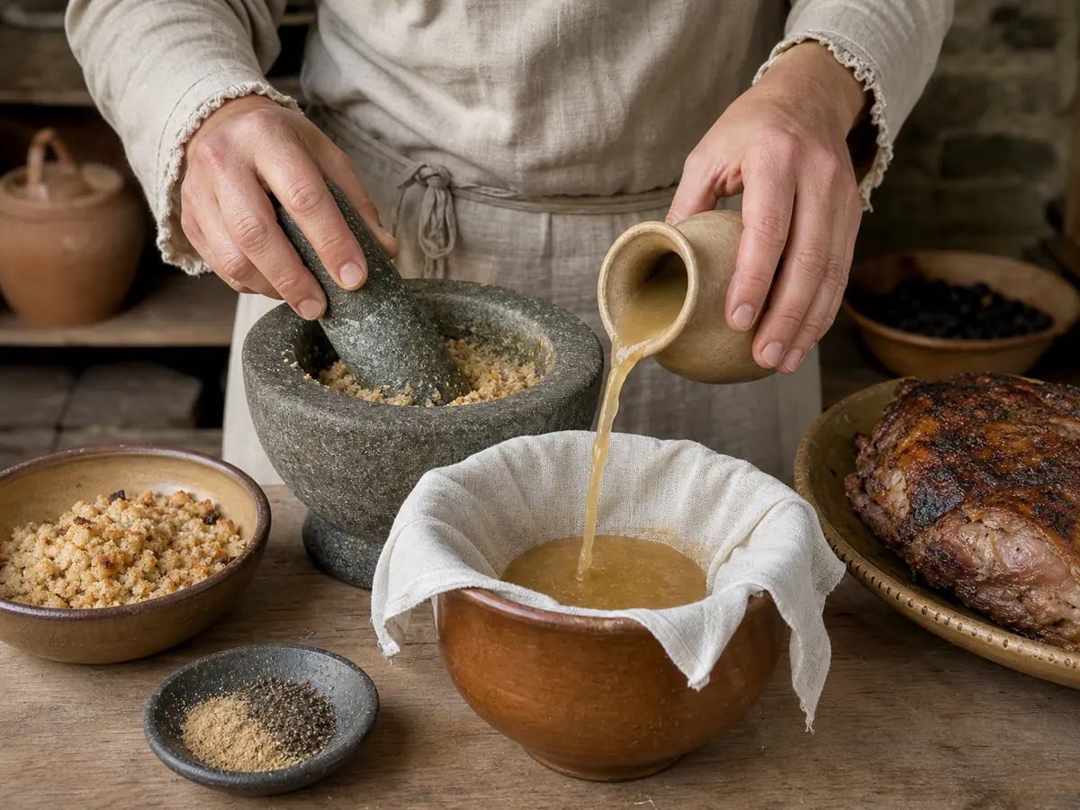 Medieval cook grinding bread and spices while liquid is strained through cloth into a ceramic bowl