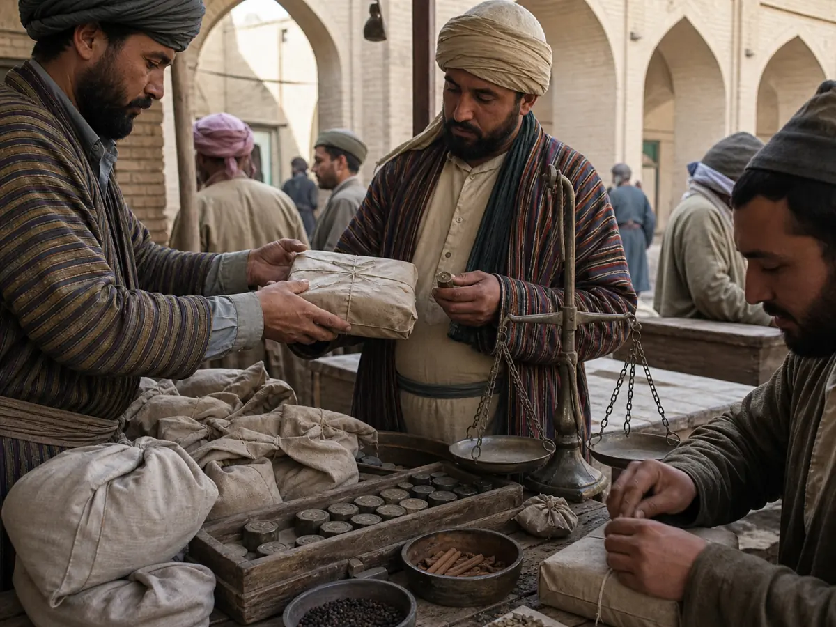 Merchants weighing and repacking sealed spice cargo at a Central Asian market