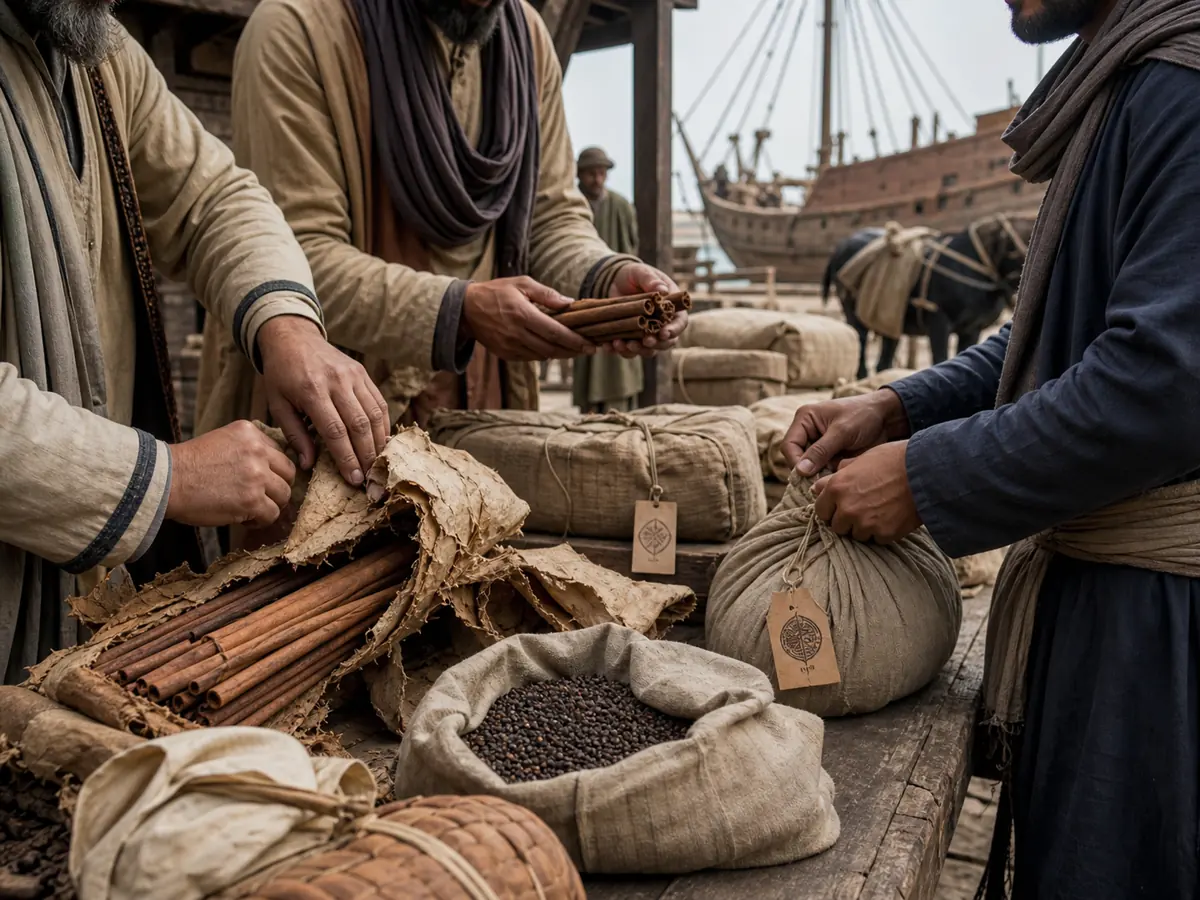 Merchants inspecting cinnamon and pepper while repacking cargo between ship and caravan transport