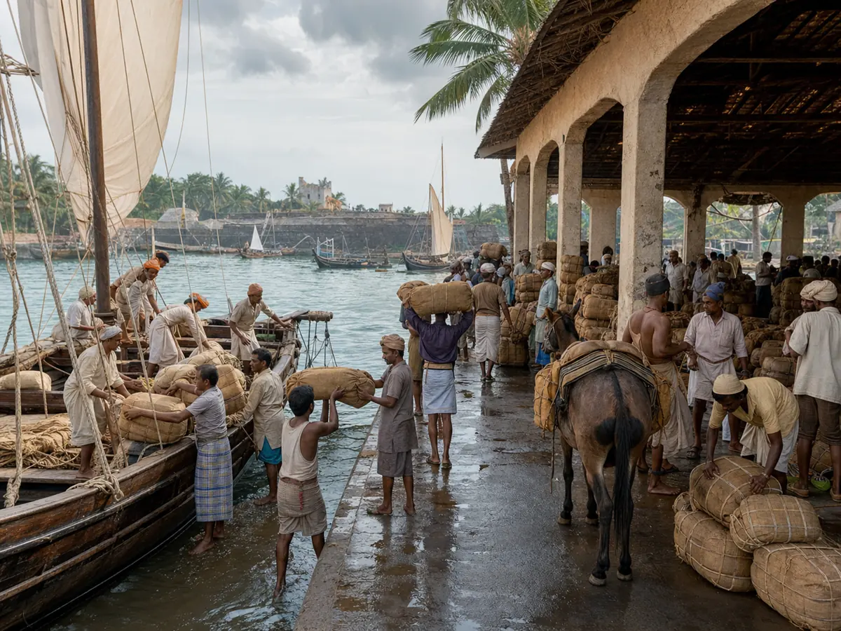 Historical Indian Ocean port unloading spice cargo from wooden vessels onto pack animals after rain